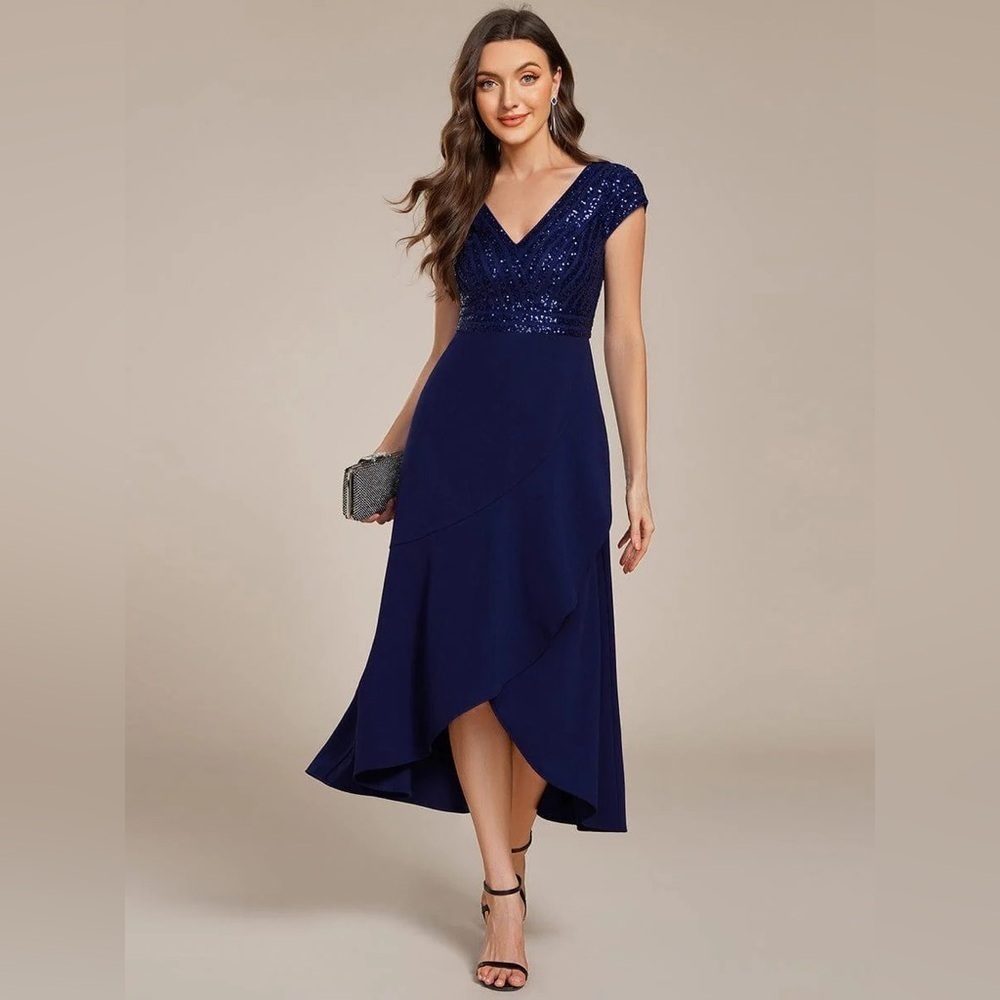 🆕Short Sleeve V-Neck Midi Sequin Formal Dress